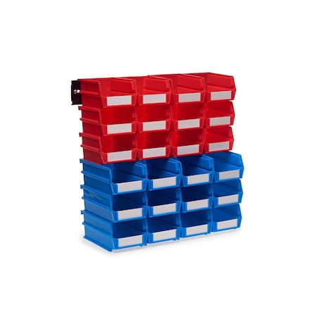 Triton Products Wall Storage Unit W/ (12) Small Red Bins, (12) Medium Blue Bins, Wall Mount Rails 3-1020RBWS